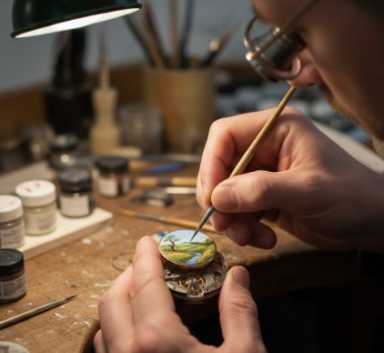 The artistry of hand painting miniature scenes or portraits onto watch dials