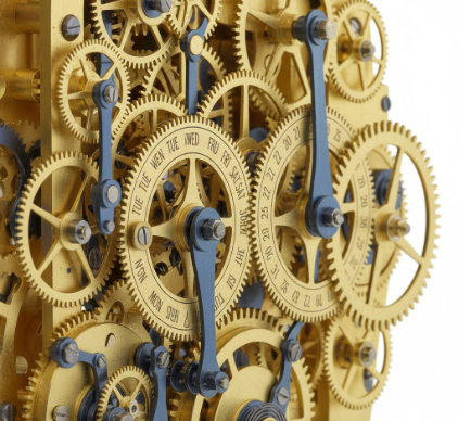 The intricate gear train that controls the progression of the date and day wheels