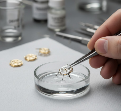 The meticulous process of coating movement bridges with rhodium or gold for protection